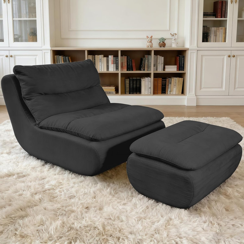 HDHNBA Large Chenille Bean Bag Chair With Matching Ottoman Ergonomic Indoor Relaxation Furniture, Black