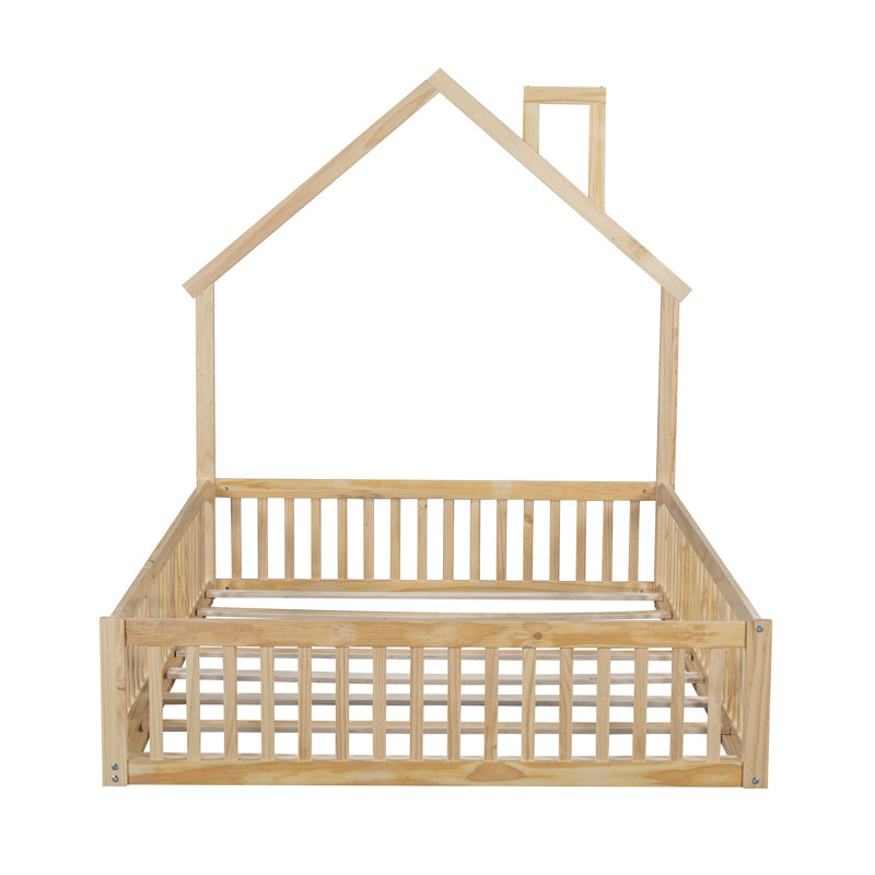 Wood Full-Size House Bed with Guardrail – Kids Playhouse Platform Bed, Sturdy Pine Frame, Safe & Fun Bedroom Furniture, Natural