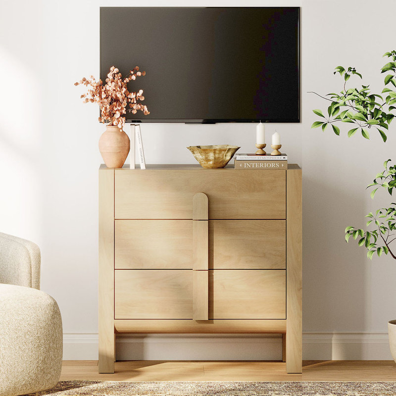 31.5" Mid-Century Modern TV Stand, Dresser With 3 Drawers, Wooden TV Console With Storage For Living Room,Bedroom, Oak