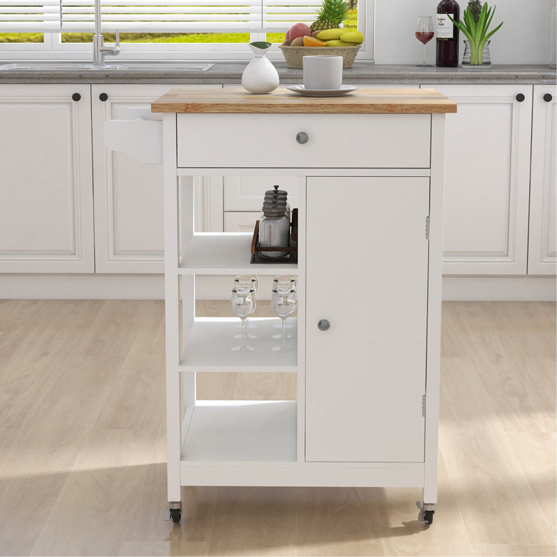Îlot de cuisine avec chariot à roulettes avec tablettes réglables et plateau à serviettes en bois d'hévéa