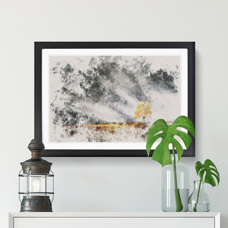 Lone Tree at Dusk Watercolour - Picture Frame Graphic Art Print, 62cm H x 87cm W x 2cm D, Black Framed