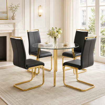Modern Glam 5-Piece Round Tempered Glass Dining Table Set with Gold Base and Cantilever Chairs