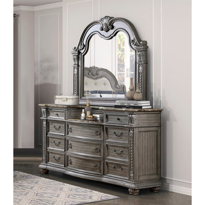 Commode grise traditionnelle avec miroir et plateau en marbre, 174 x 53 x 104 cm, placage d'acacia, bois et bois d'ingénierie, 2 pièces, grise, onze tiroirs avec détails sculptés et liserés argentés