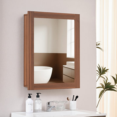 16'' W x 24'' H Walnut Wooden Framed Medicine Cabinet With Mirror – Adjustable Shelves, Wall-mounted or Recessed Design for a Warm And Stylish Bathroom Upgrade