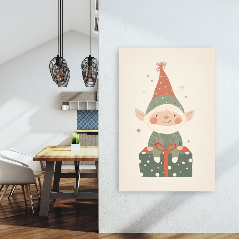 Happy Christmas Gnome Whimsical Abstract Contemporary Winter Landscape Wall Art Print by Mathieu - Wrapped Canvas Print