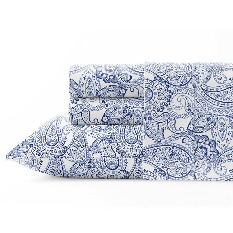 Pointehaven 200TC Percale 100% Cotton Deep Pocket Sheet Set, Blue Paisley, King Sheet Set