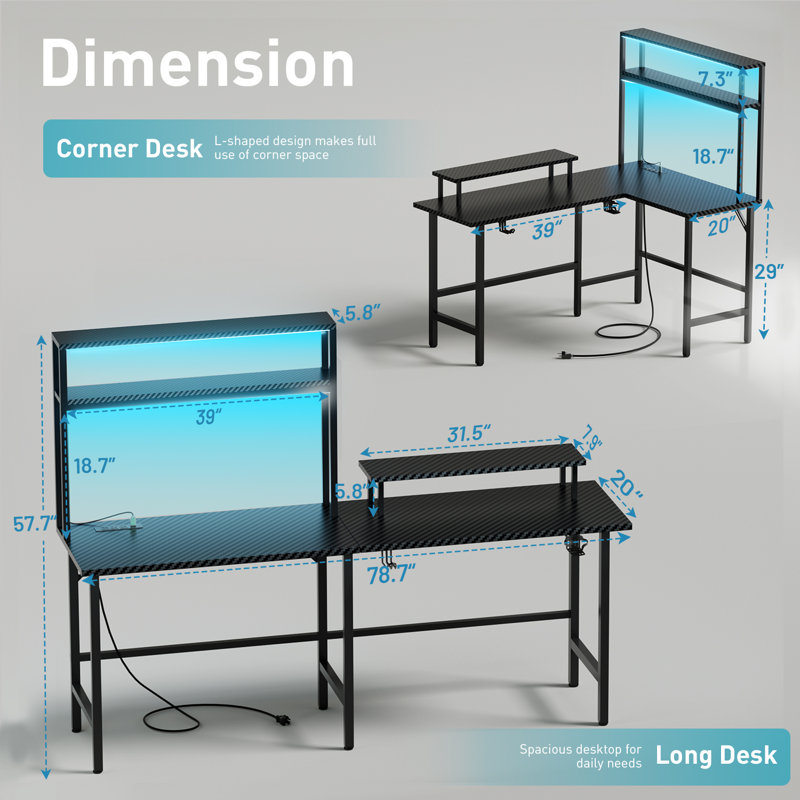 HLDIRECT L Shaped Gaming Desk, Reversible Computer Desk with Power Outlet & LED Lights- L Shaped Desk with Shelves and Monitor Stand, Carbon Fiber Corner Desk with Cup Holder & 2 Hooks