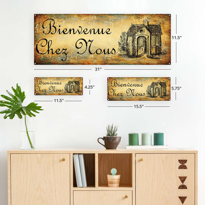 Enseigne en métal vieillie, Bienvenue Chez Nous, H 11,5 po x l 31 po