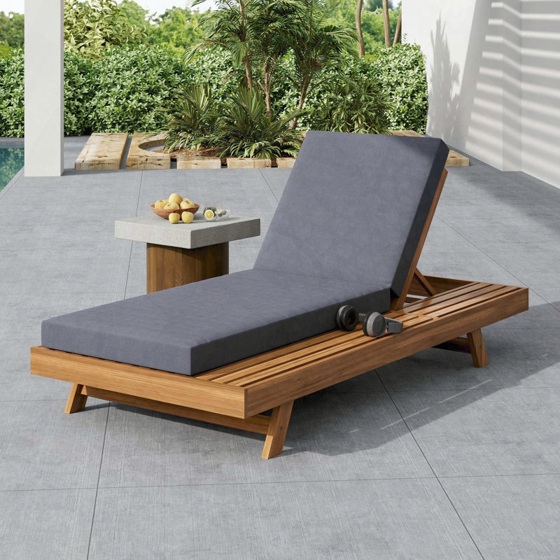 Chaise longue en bois d'acacia avec 4 positions d'inclinaison et coussin gris foncé résistant à l'eau, Gris foncé