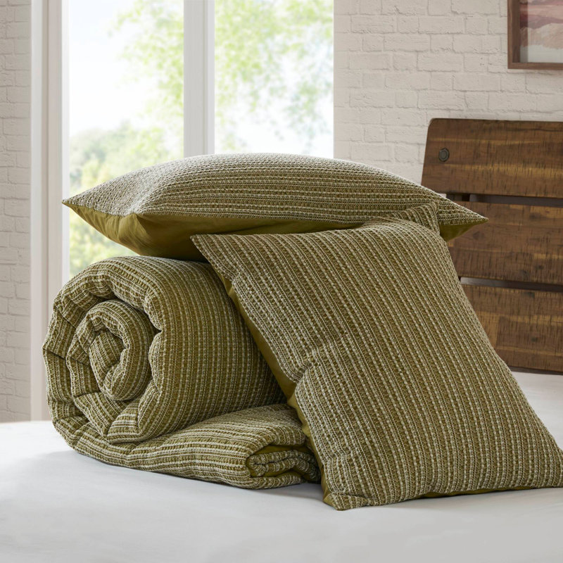 Waffle Washed Comforter Set, Full/Double Comforter + 2 Pillowcase, Green Striped