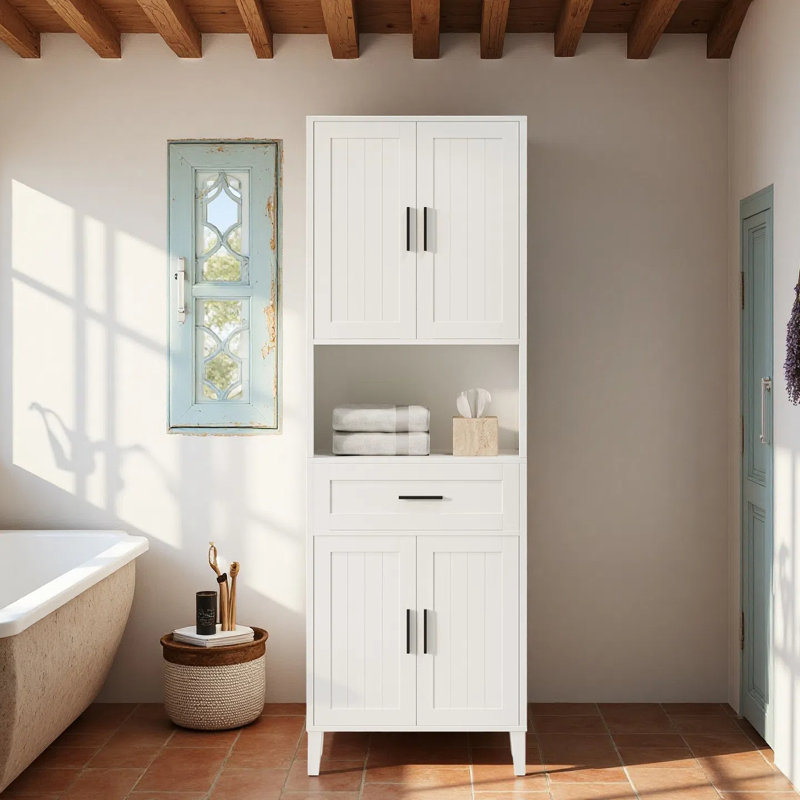 Freestanding Tall Bathroom Cabinet With 4 Soft-Close Doors,2 Cabinets,Open Storage&2 Adjustable Shelves,A Drawer, White