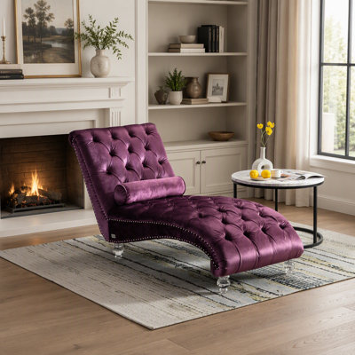 Velvet Chaise Lounge Indoor, Button-Tufted Upholstered Chaise with Pillow for Comfort and Style in Bedroom or Living Room