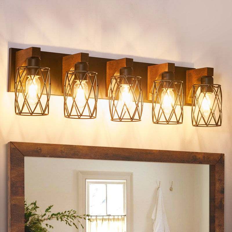 Farmhouse Bathroom Vanity Light With Cage Lampshade,Wood Bathroom Light Fixtures Over Mirror,Rustic Bathroom Lighting For Bedroom Living Room Hallway