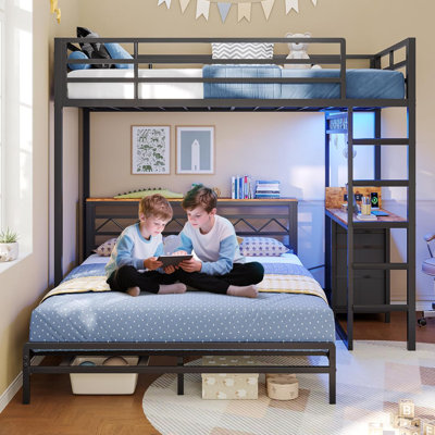 Lit superposé simple au-dessus d'un lit double en métal avec bureau et 4 tiroirs de rangement, lit superposé en forme de L avec lumières à DEL, station de charge, tête de lit, barrière de sécurité et échelle, blanc