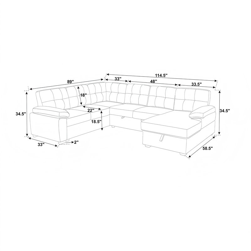 Canapé-lit modulaire convertible de 114 po avec lit escamotable de 114 po et canapé modulaire moderne en U en mélange de lin avec méridienne de rangement pour salon et appartement