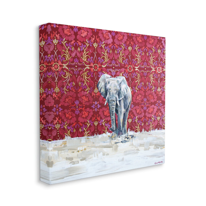 Éléphant debout à motif floral rouge complexe par Alana Clumeck - impression, Toile tendue, H 17 po x l 17 po