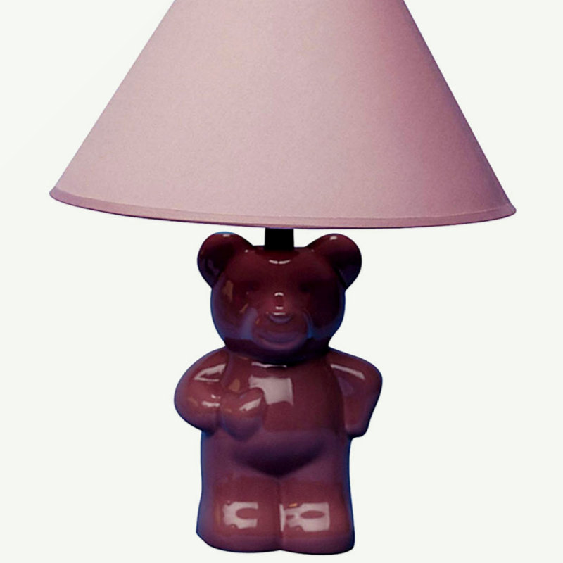 13" Tall Ceramic Table Lamp, Teddy Bear Design With Pink Finish, Linen Shade