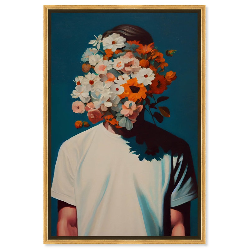 «Man Hidden In Flowers Canvas Modern Boho Portrait Art» par Art Remedy, Cadre doré, H 46 po x l 31 po