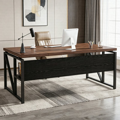63" Computer Desk Writing Table With Bottom Storage Shelf, Metal Frame Home Office Desk