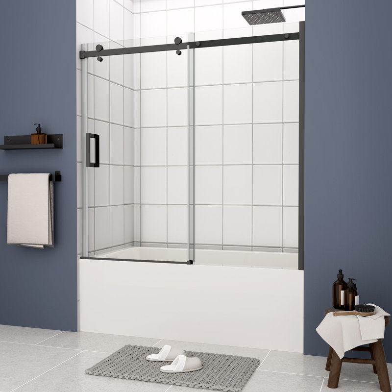 Matte Black Tempered Glass Sliding Shower Door 56-60" W x 58" H