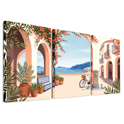 «Coastal Courtyard» avec ensemble de 3 toiles de bougainvilliers et voiliers
