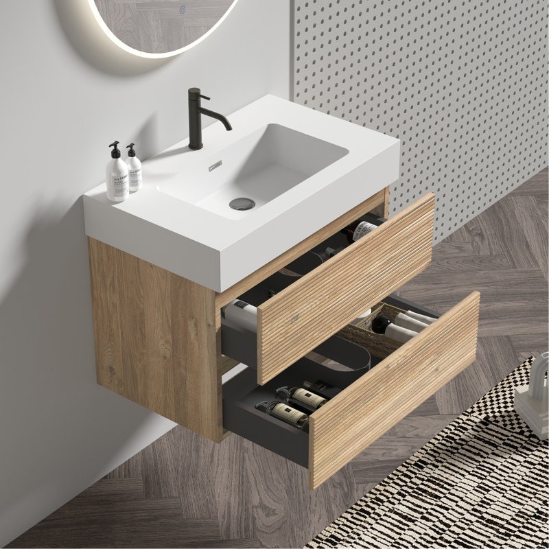 Meuble-lavabo de salle de bain avec finition en chêne, installation murale à double tiroir, meuble-lavabo à système silencieux E0 Water, ensemble de caractéristiques de conception, tiroirs à fermeture douce, ensemble de composants E1, désignation de drainage en forme de U