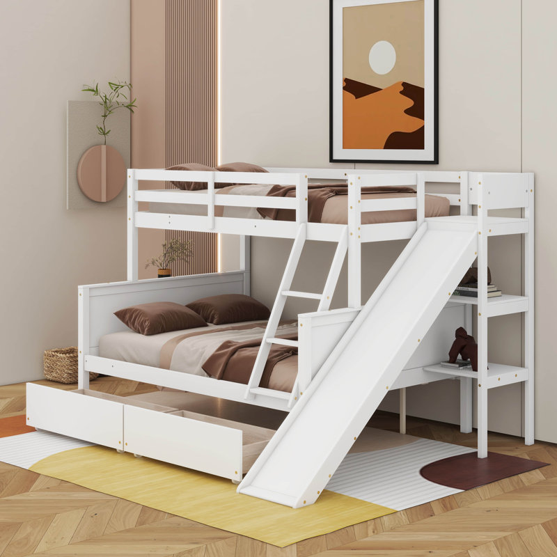 Lit simple superposé au dessus d'un lit double avec 2 tiroirs, glissoire, tablettes et échelle, Blanc