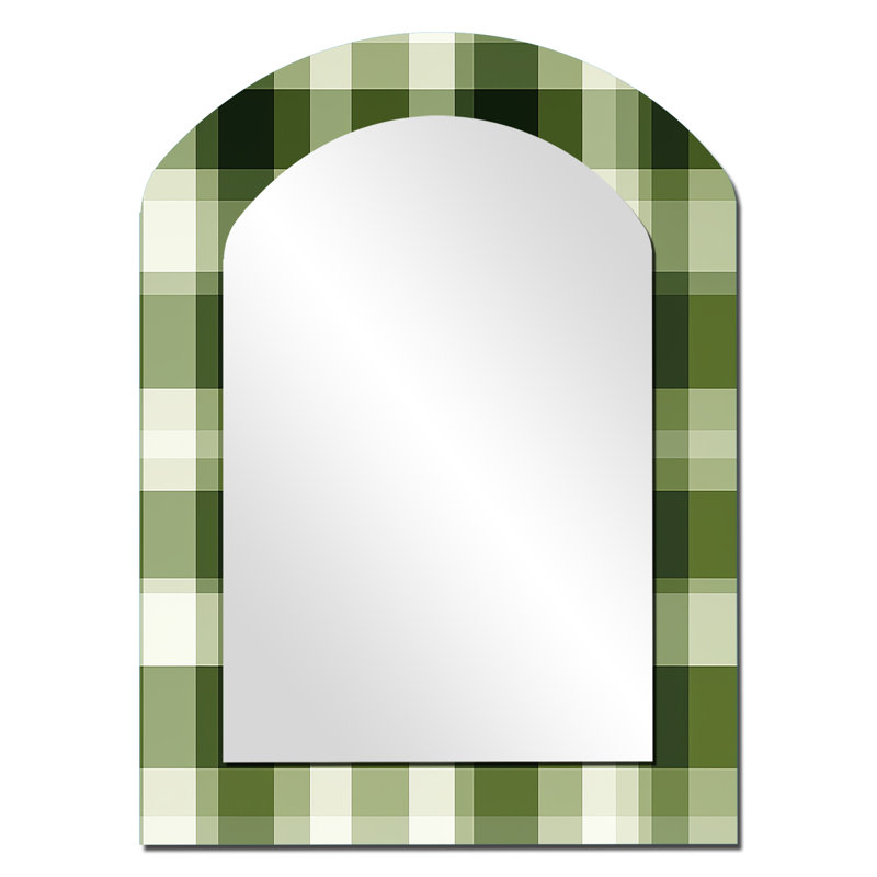 «UK Green Plaid Elegance», miroir mural arqué à carreaux unique, miroir asymétrique rétro, impression d'art en métal