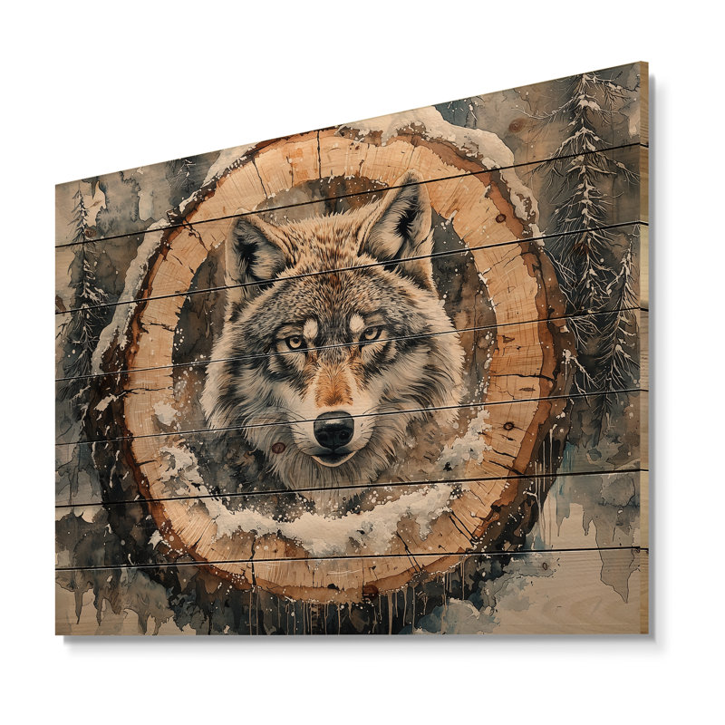 Native Wolf In A Winter Forest Wood Slide I - Wolf Animal Wood Wall Art - On Natural Pine Wood, 24" H x 32" W x 0.78" D