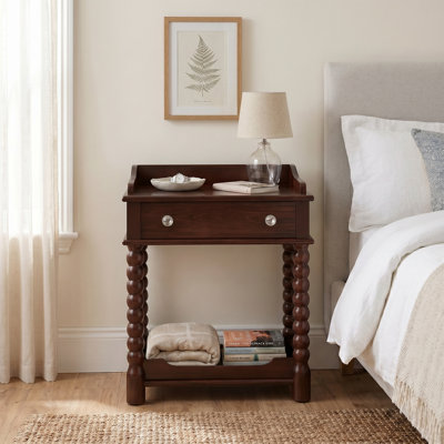 Retro Style Nightstand With Drawer And Open Shelf, Solid Wood Bedside Table With Turned Legs & Metal Handle For Bedroom
