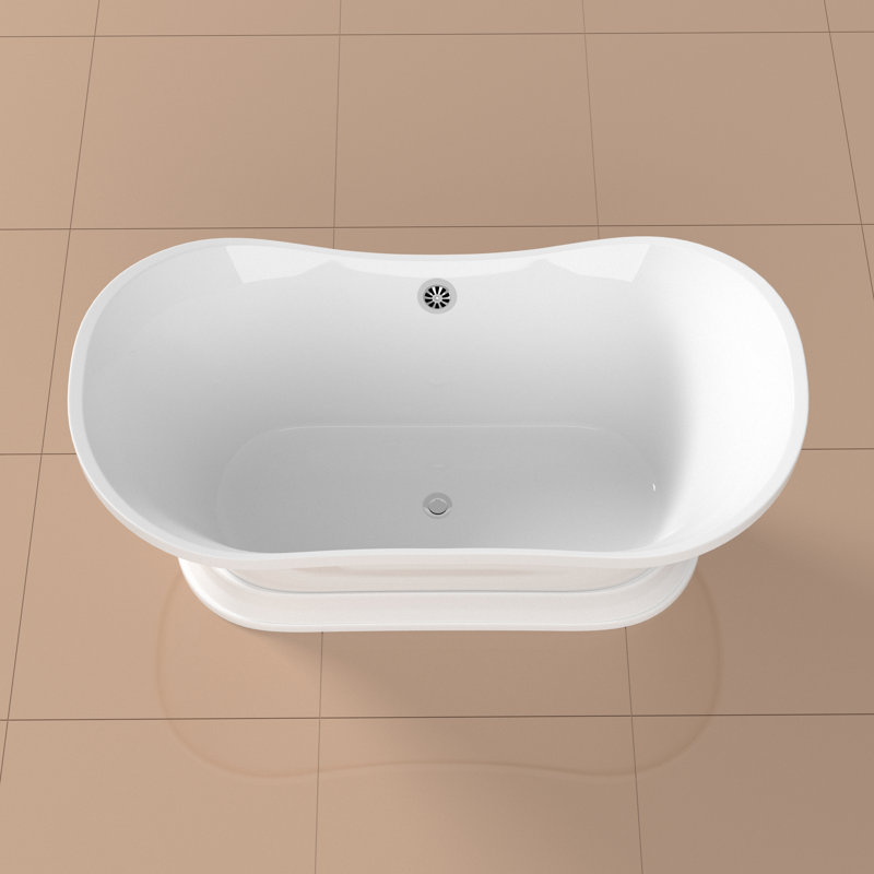 60" Streamline Freestanding Soaking Acrylic Bathtub With Drain and Bamboo Tray, Polished Chrome