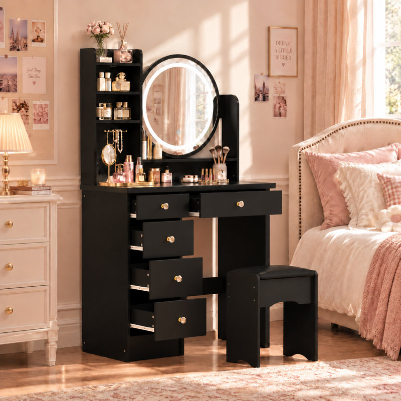 31.5" Makeup Vanity Set with 3-Color Lighted Mirror, 5 Drawers and Upholstered Stool