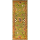 Large Scale Arts and Crafts Design Antique Green Color Turkish Oushak Long and Narrow Rug