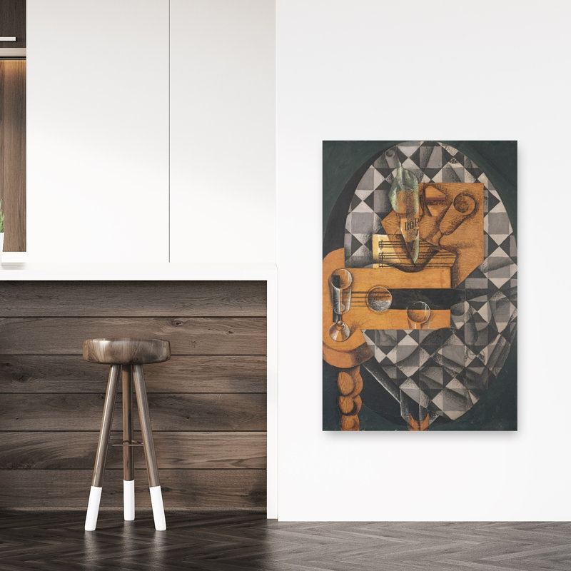 Guitare, bouteille et estampe d'art mural contemporain abstrait de 1914, H 48 po x l 32 po