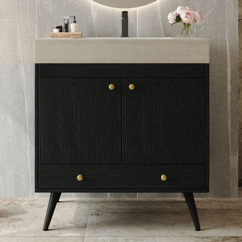 Meuble-lavabo autoportant contemporain avec plateau en faux marbre et lavabo en céramique, armoire de rangement à double porte de 30 po, bois d'ingénierie imperméable
