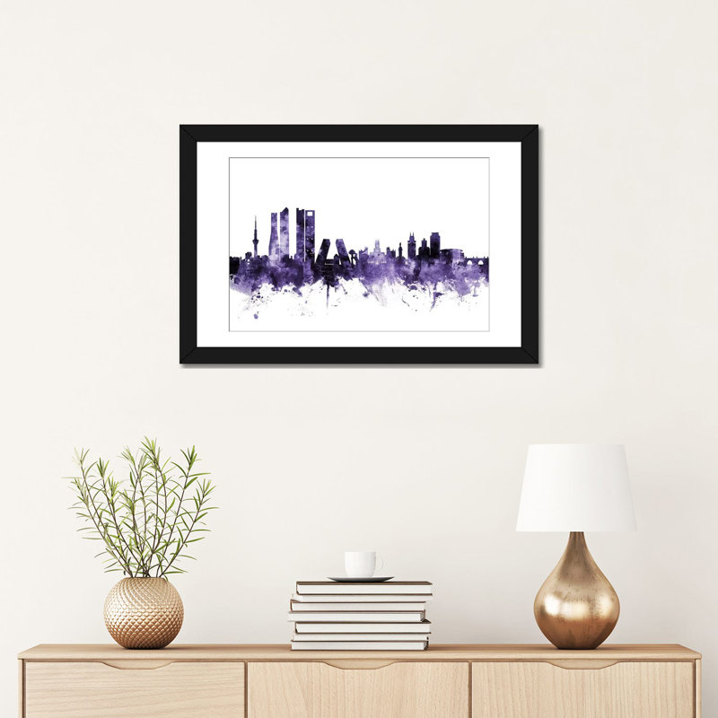 Madrid Madrid Skyline par Michael Tompsett, impression sur toile, H 16 po x l 24 po x P 1 po, Papier avec cadre noir, Blanc