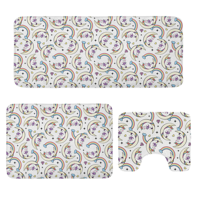  Rainbow Bathroom Rug Set 3 Pieces U-Shape & Rectangle Mats Ivory Multicolor
