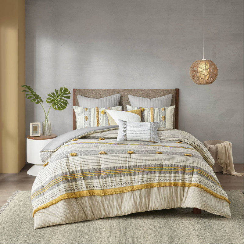 Ensemble d'édredon en coton 3 pièces gris / jaune double / grand, Édredon grand et 2 taies décoratives