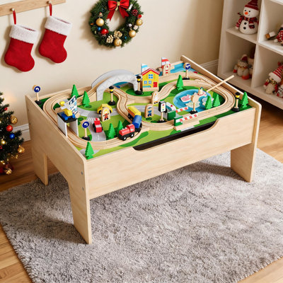 Table de train en bois de 78 pièces avec rails et tiroir de rangement pour enfants, surface de jeu 4 en 1, cadre robuste, rangement intégré pour les pièces et les petits jouets, conçue pour les enfants de 3 ans et plus.
