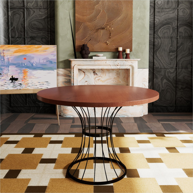Table de salle à manger compacte 42 po avec plateau en placage de chêne et base piédestal en fer forgé noir