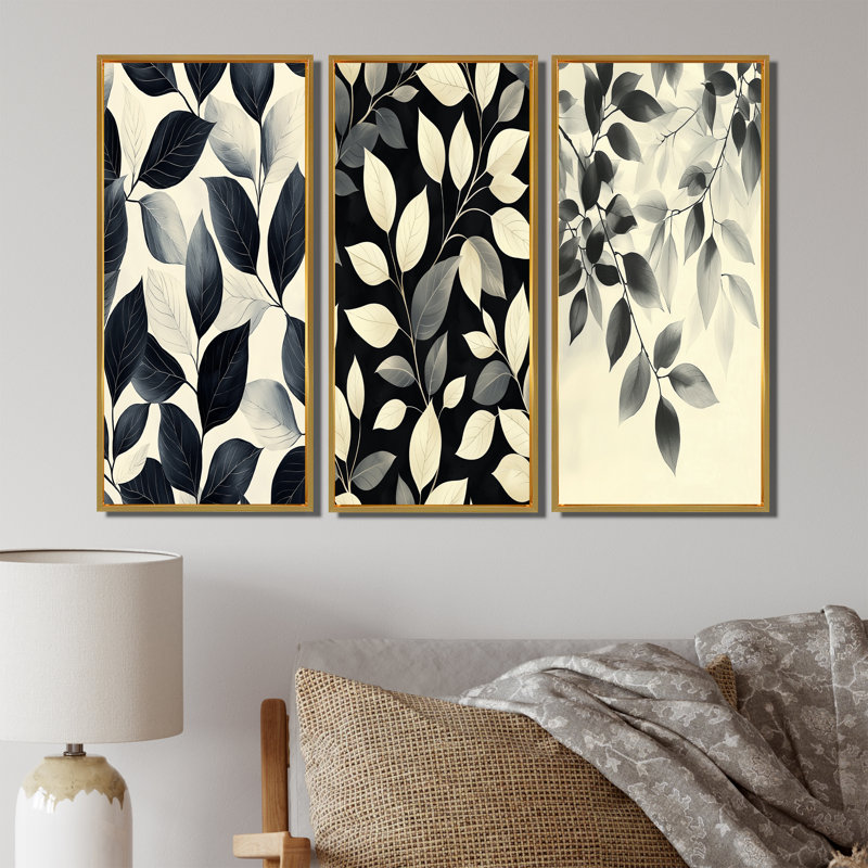 Feuilles noires et beiges tendres doux - Collection de décorations murales traditionnelles dorées, H 28 po x l 36 po, Doré