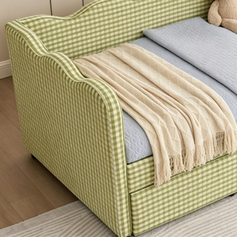 Cozy Gingham Daybed With Trundle Twin Size Sofa Bed No Box Spring Needed, With USB Port And Adorable Wave Shaped, Linen Fabric, Green