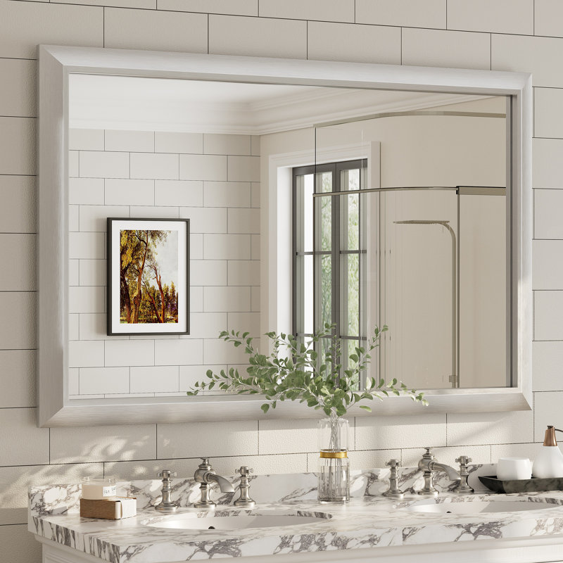 Amara Tempered Glass Mounted Wall Mirror, 55" x 36", Brushed Silver