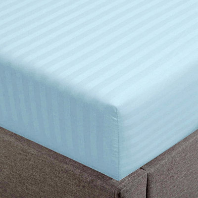 Luxury Aqua Cotton Stripe Fitted Sheet - 500 TC Sateen Weave, Extra Deep Pocket, Stretchable Boxer Elastic, Perfect Fit Mattress - 1 Piece