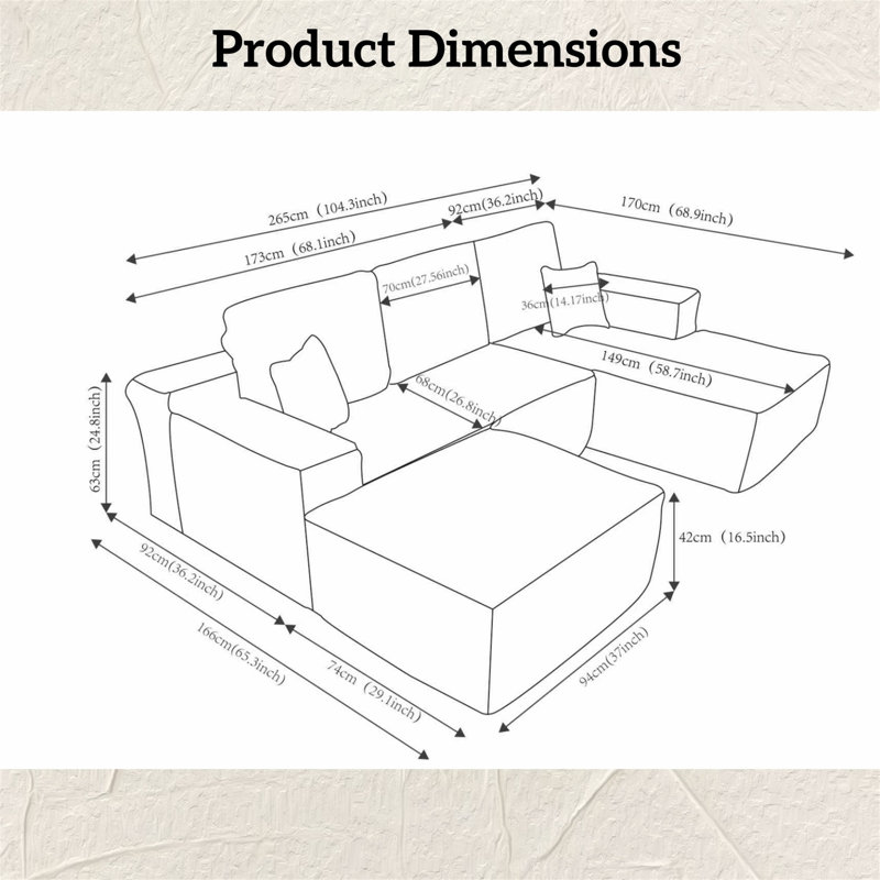 104''cloud Sectional Couch With U-shaped Chaise,and Side Pockets,modern Modular Sofa With Deep Seat