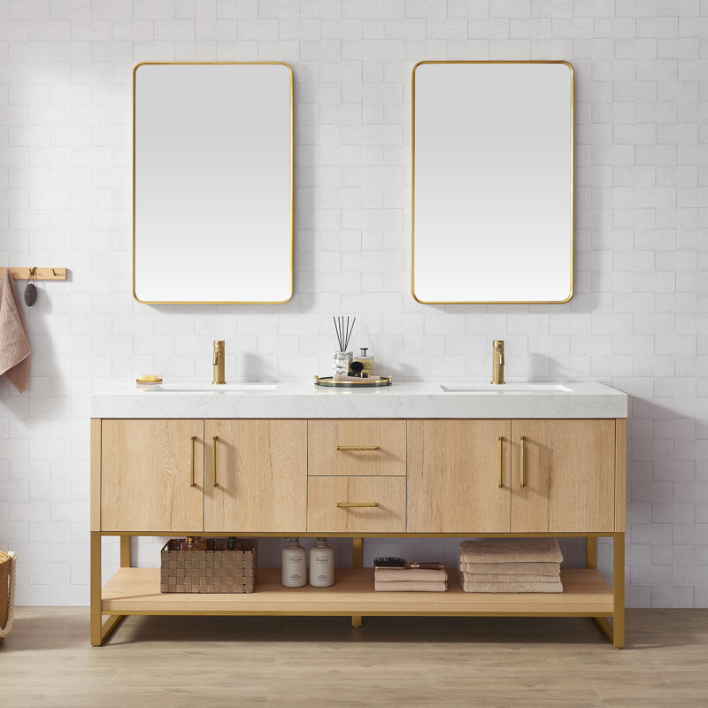 Meuble-lavabo double Cataleya, 72", Doré / chêne