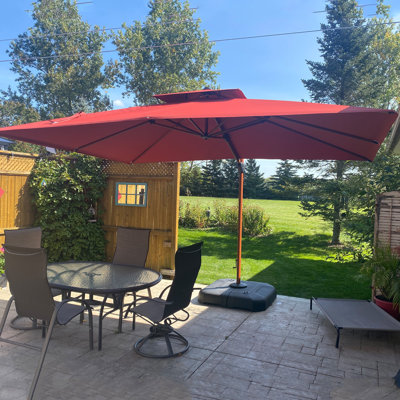 Parasol en porte-à-faux rectangulaire double en bois à double plateau de luxe 9 pi x 12 pi, rouge brique