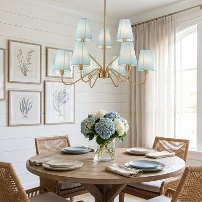 Modern Farmhouse 9-Light Brass Chandelier with Light Aqua Fabric Shades, Height Adjustable Dining Room Fixture
