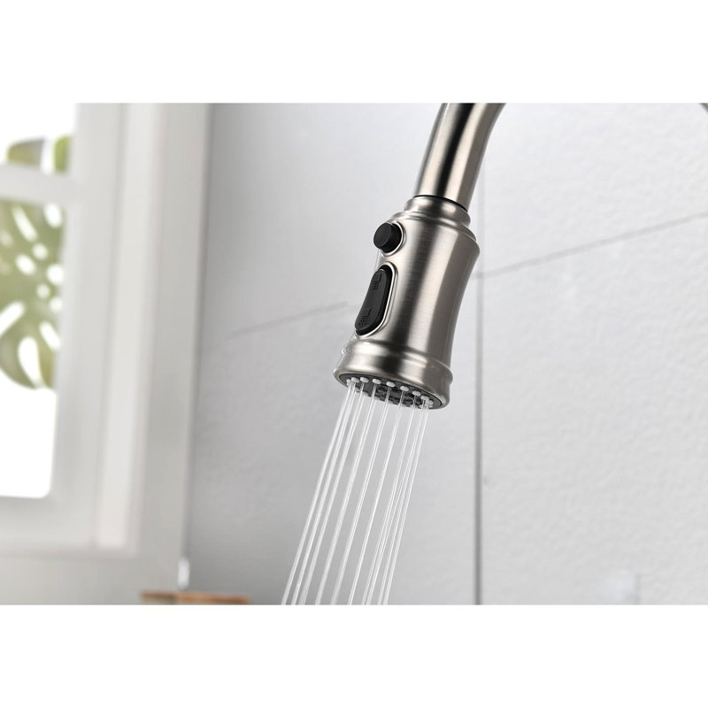 Robinet d'évier de cuisine en nickel brossé avec rétractable, acier inoxydable, 3 réglages de sortie, robinet rétractable en acier fiable, finition, buse rotative à 360 °, sorties d'eau, fin
