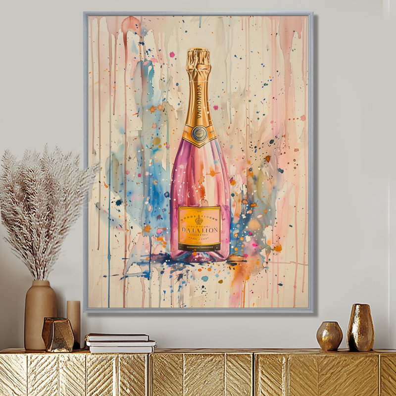 Elegant Champagne Showers II - Champagne, reproduction d'art murale, Cadre flottant blanc, H 32 po x l 24 po